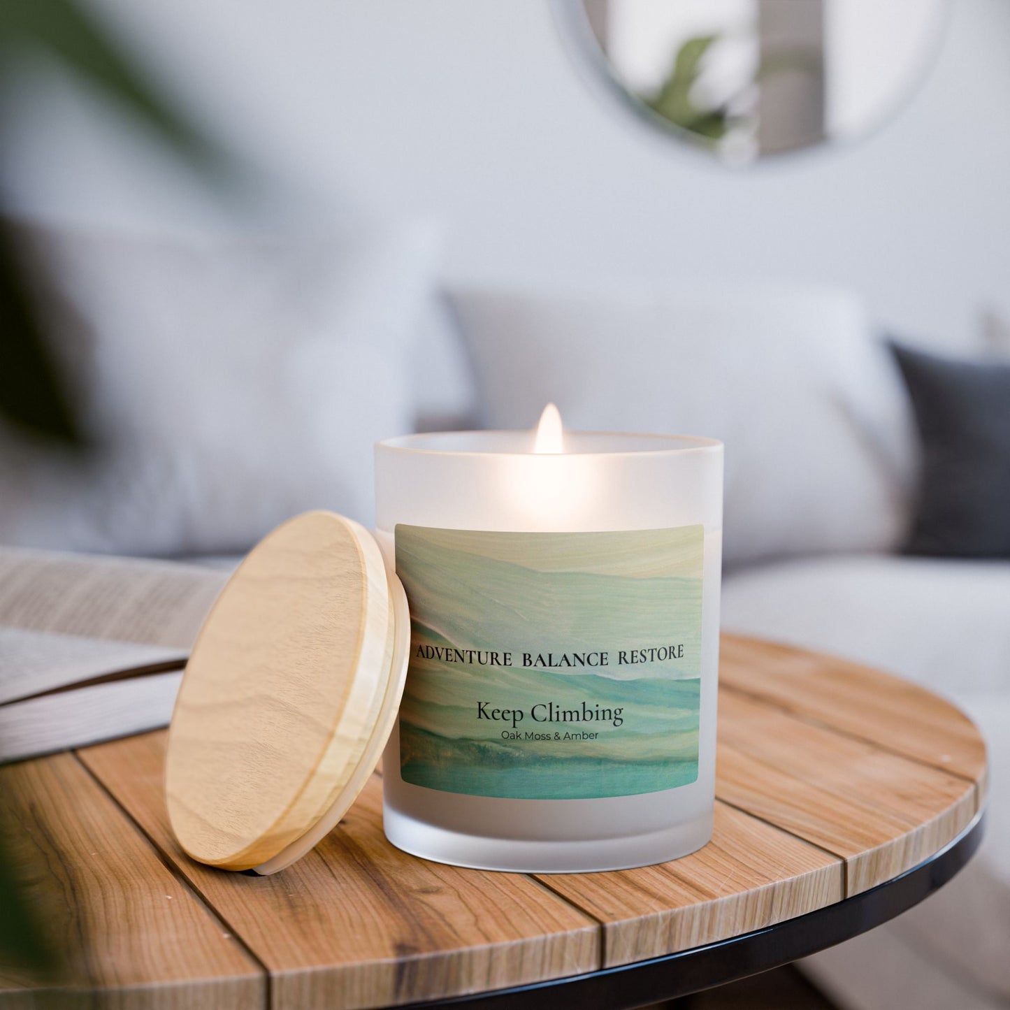 Adventure Balance Restore Frosted Glass Candle — Keep Climbing: Oak Moss & Amber Scent, 11oz