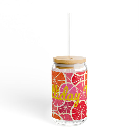 Juicy Citrus Pink and Orange Holliday Time Sipper Glass 16oz - Eco-Friendly Drinkware with Straw