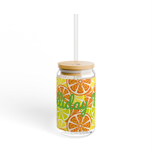 Juicy Citrus Yellow and Orange Holliday Time Sipper Glass 16oz - Eco-Friendly Drinkware with Straw