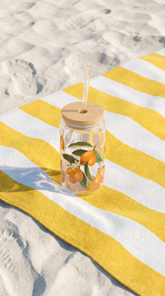 16oz Glass Citrus Sipper with Wood Lid & Straw — Eco-Friendly Spring/Summer Drinkware