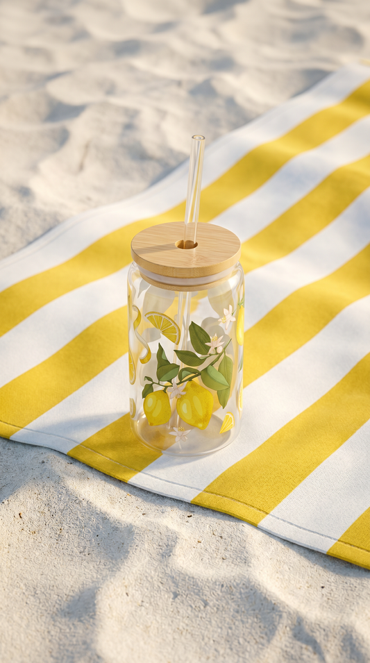 16oz Glass Citrus Sipper with Wood Lid & Straw — Eco-Friendly Spring/Summer Drinkware