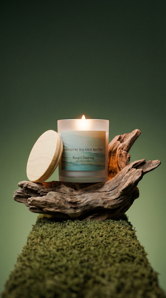 Adventure Balance Restore Frosted Glass Candle — Keep Climbing: Oak Moss & Amber Scent, 11oz